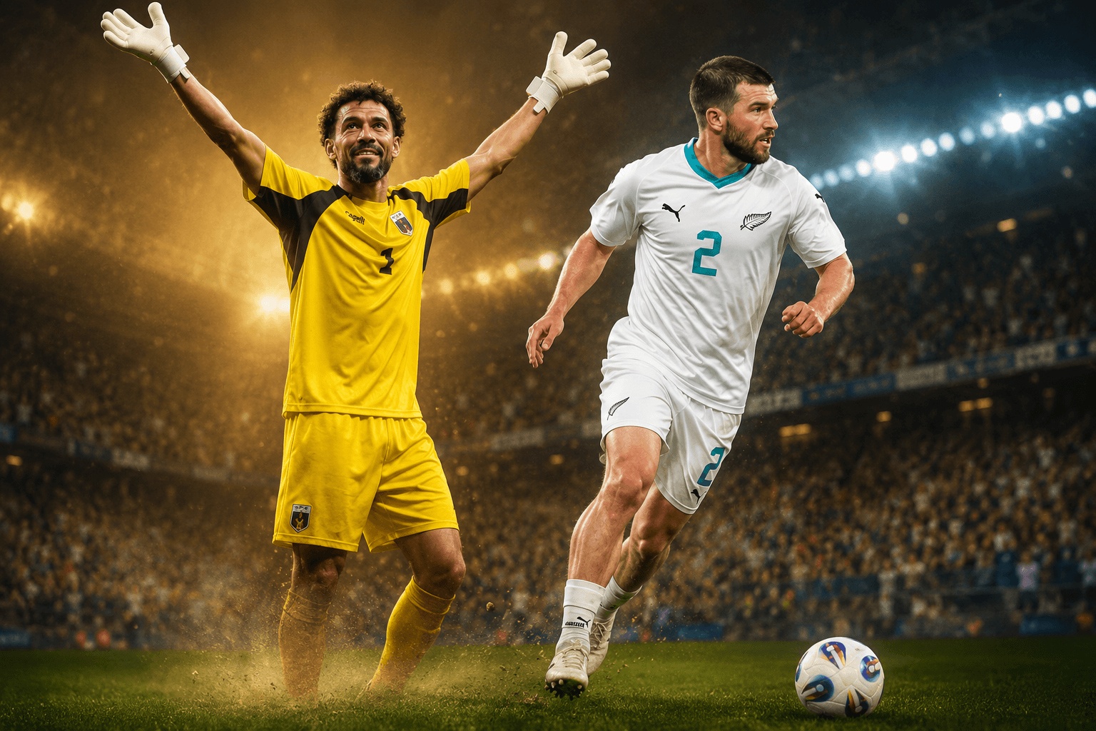 Composición editorial creada con inteligencia artificial que muestra a Vozinha, portero de Cabo Verde, y Tim Payne, futbolista de Nueva Zelanda, inspirada en sus historias durante un torneo internacional de fútbol.