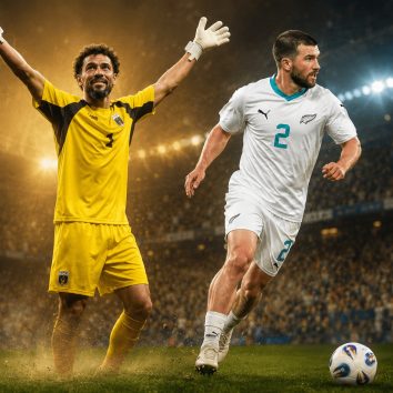 Composición editorial creada con inteligencia artificial que muestra a Vozinha, portero de Cabo Verde, y Tim Payne, futbolista de Nueva Zelanda, inspirada en sus historias durante un torneo internacional de fútbol.